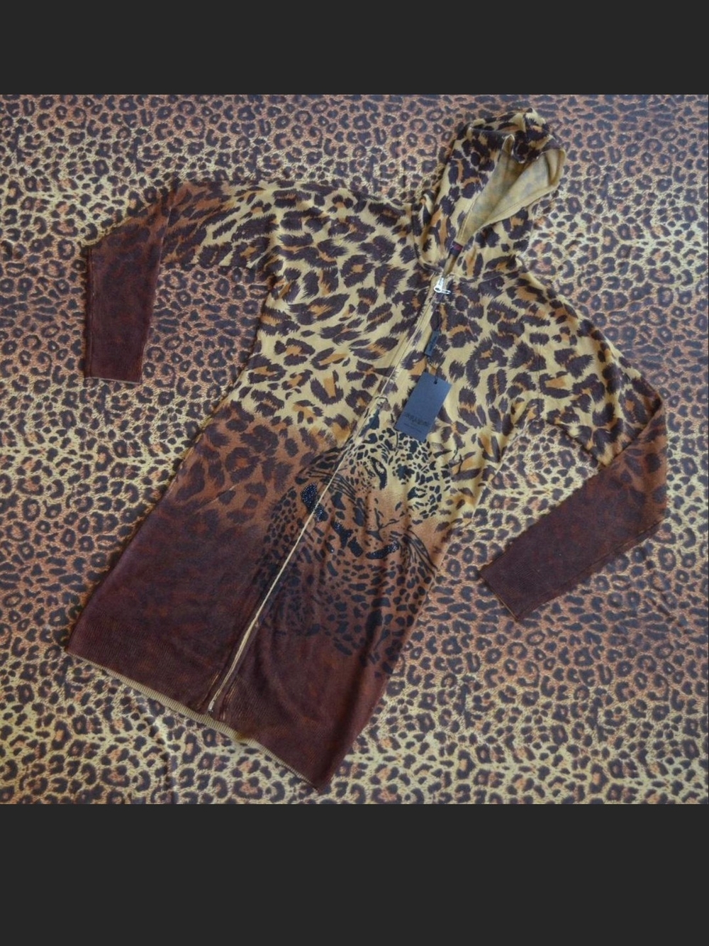 DEADSTOCK RAW7 Leopard Print Hooded Zip-Up Long Cardigan, Dress Or Jacket. L